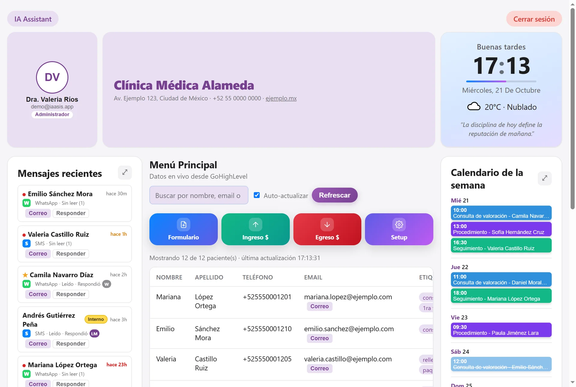 Panel de IA Assistant con mensajes, agenda y calendario