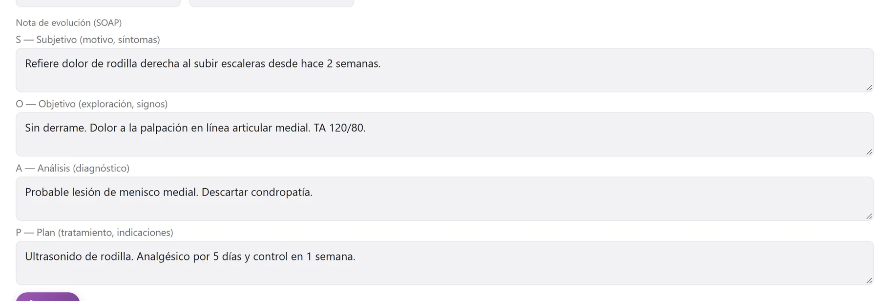 Nota de evolución SOAP en IA Assistant Medical