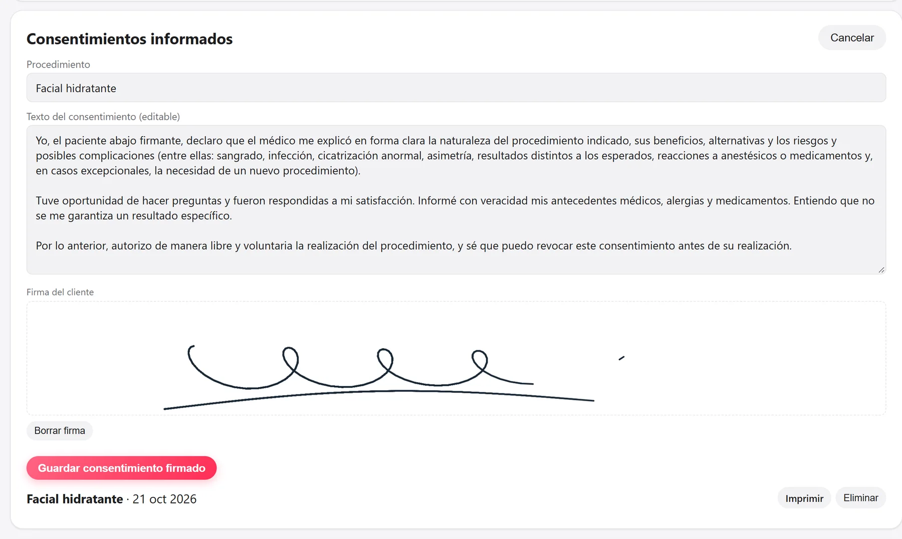 Consentimiento con firma en IA Assistant Med Spa